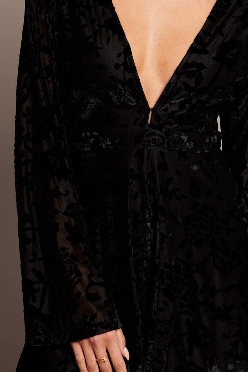 Black Playsuit Flare Sleeve Velvet Burnout Devore - Image 6