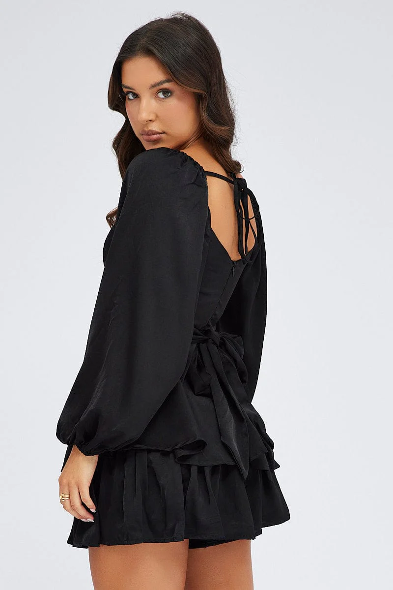 Black Playsuit Long Sleeve V-Neck Waist Tie Matte Satin - Image 5