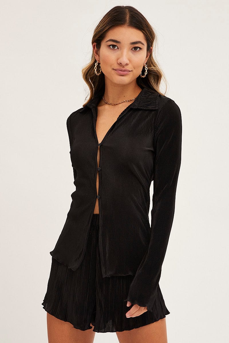 Black Plisse Shirt Long Sleeve Button Front Satin - Image 3
