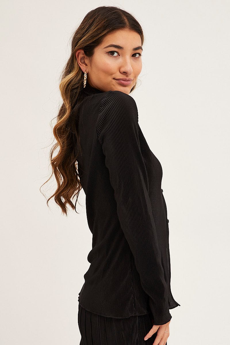 Black Plisse Shirt Long Sleeve Button Front Satin - Image 4