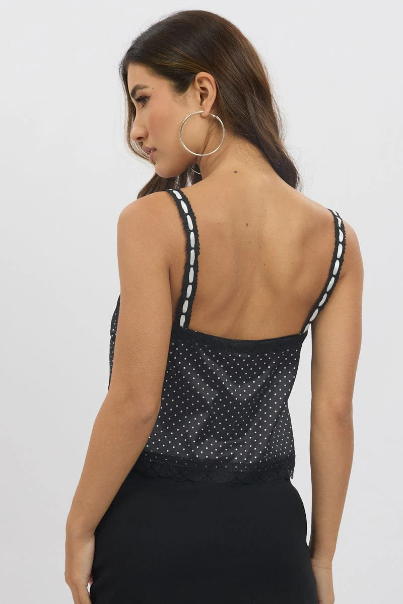Black Polka Dot Cami Top Open Front Ribbon - Image 5