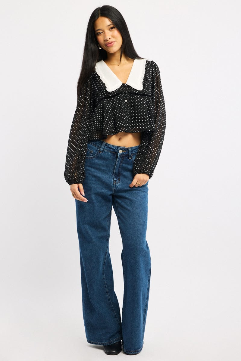 Black Polka Dot Collared Blouse Long Sleeve Button Up Babydoll Hem - Image 2