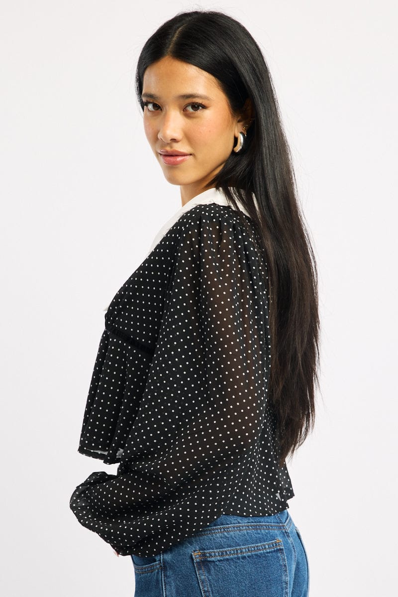 Black Polka Dot Collared Blouse Long Sleeve Button Up Babydoll Hem - Image 3