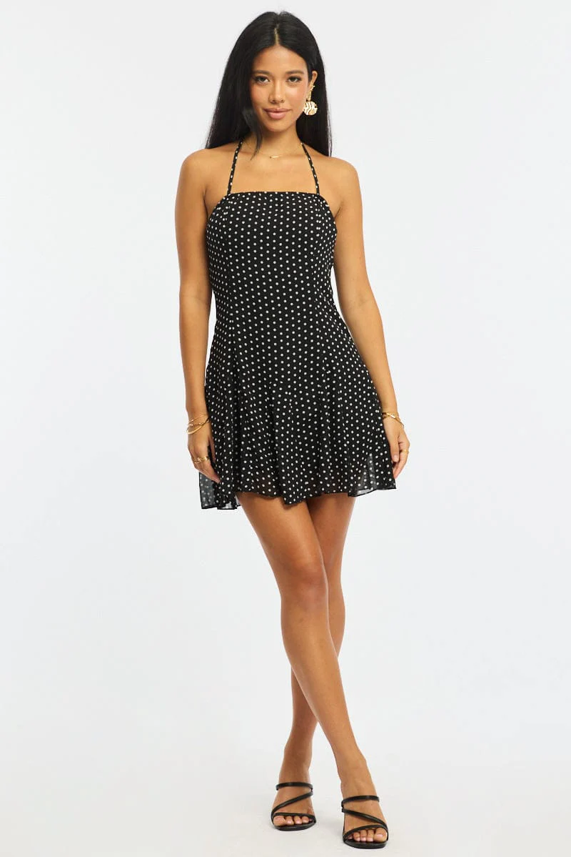 Black Polka Dot Fit And Flare Dress Mini - Image 2