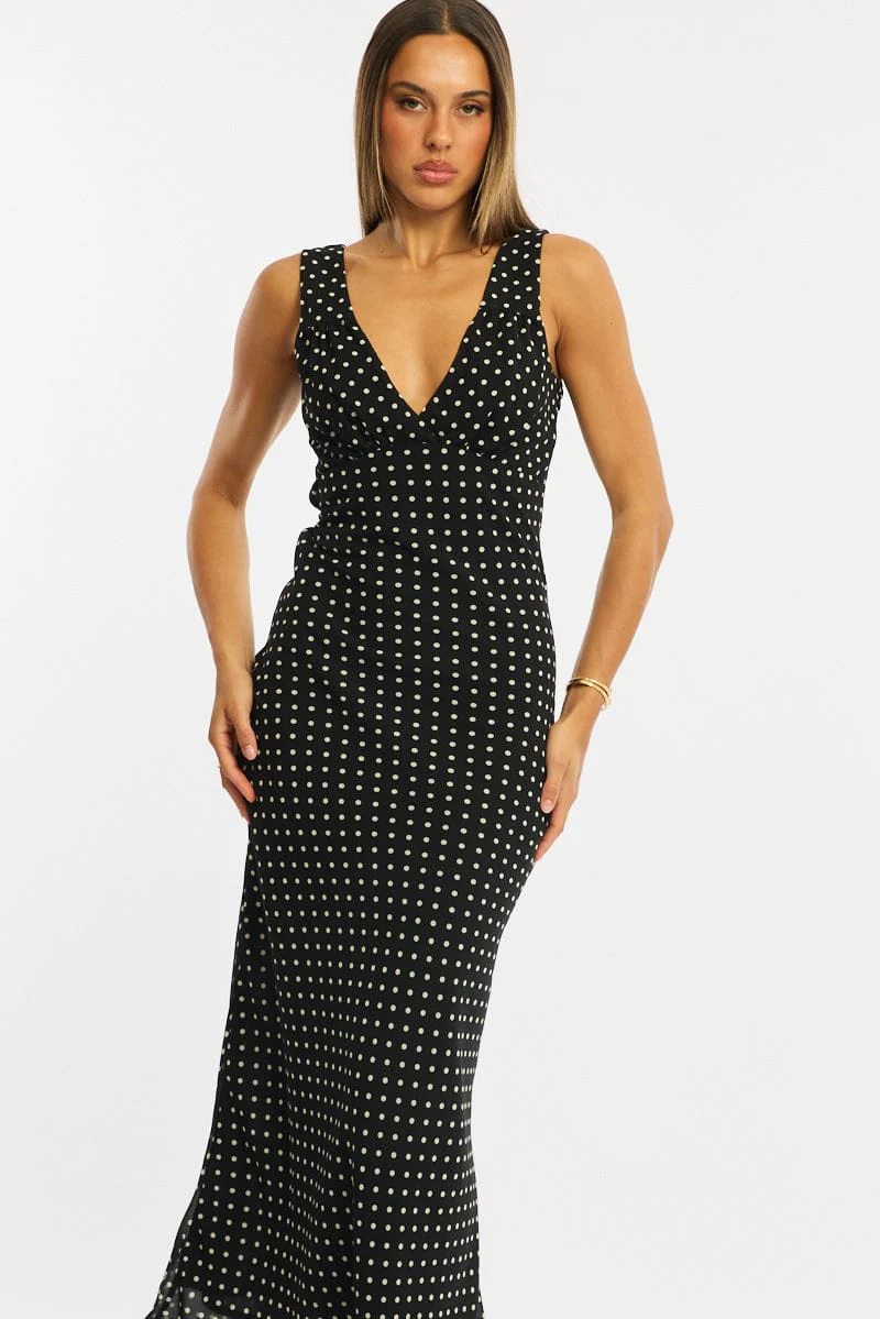 Black Polka Dot Maxi Dress V-neck Chiffon - Image 2