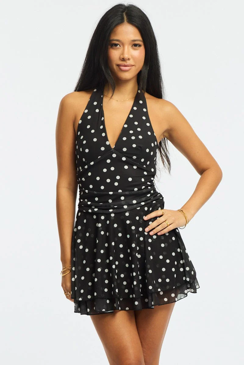 Black Polka Dot Playsuit V-neck Mesh - Image 2