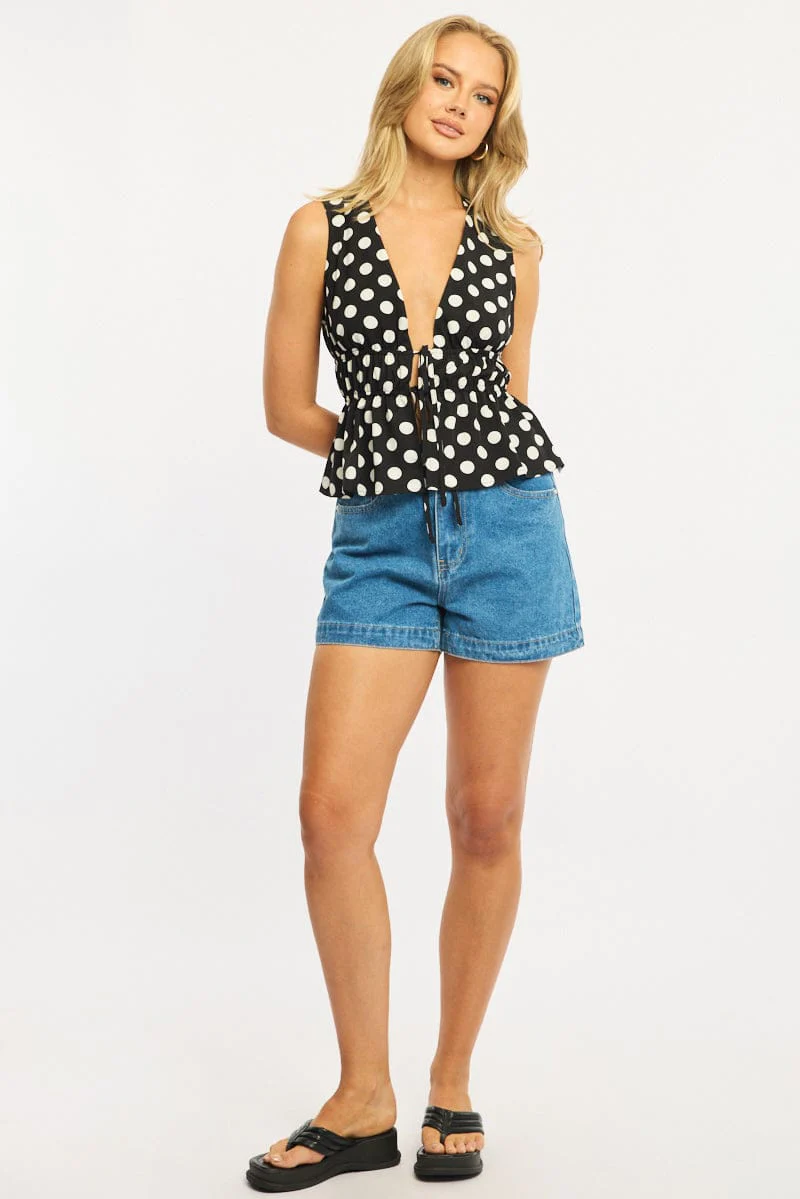 Black Polka Dot Tie Up Vest Sleeveless - Image 2