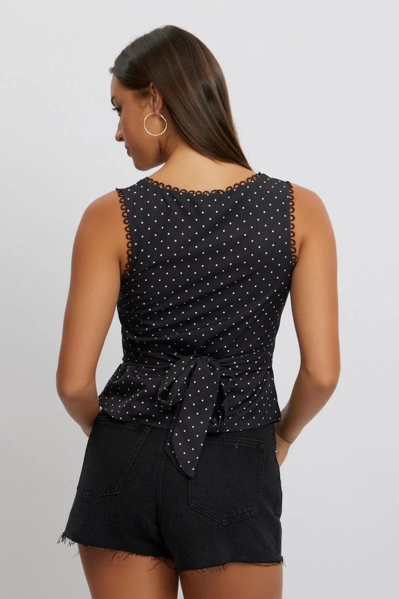 Black Polka Dot Top Sleeveless V-Neck - Image 5