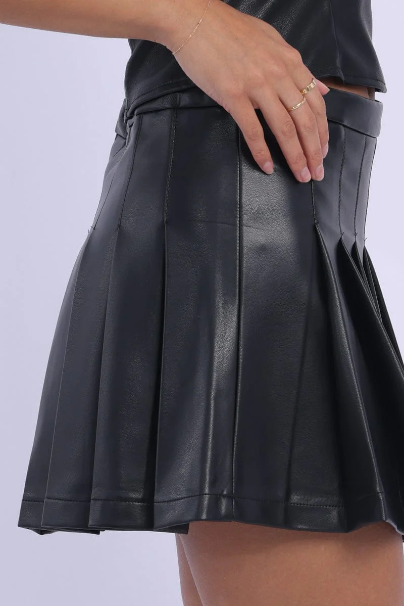Black PU Tennis Skirt High Rise Pleated Slight Stretch - Image 5
