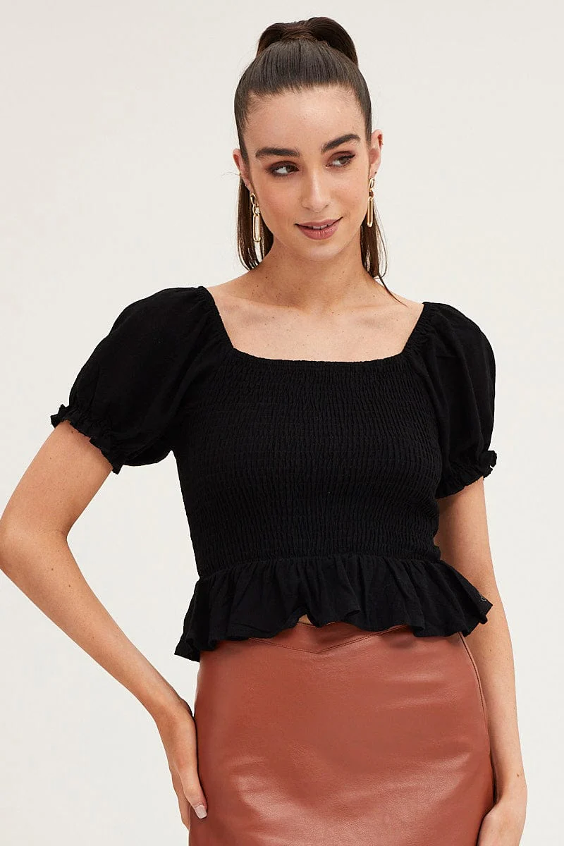 Black Puff Sleeve Shirred Top - Image 3