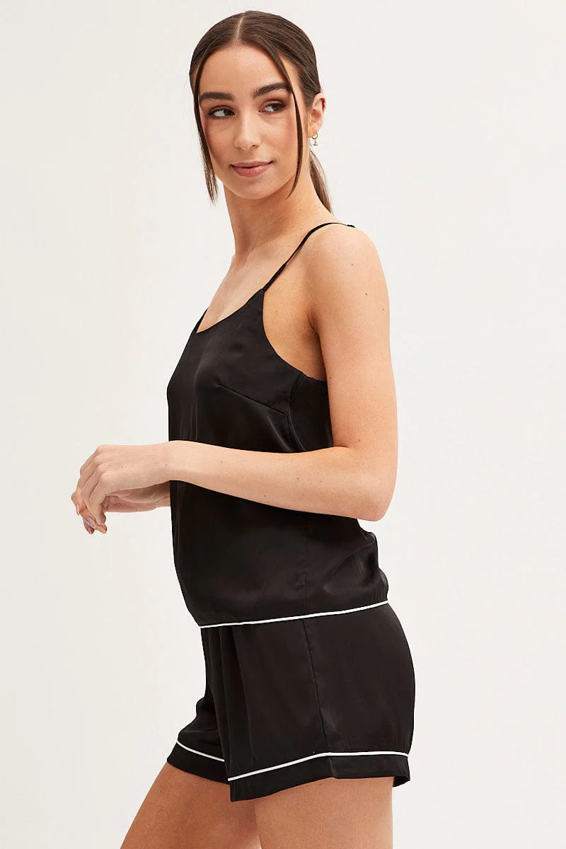 Black Pyjamas Set Scoop Neck Cami Top & Shorts Satin - Image 4
