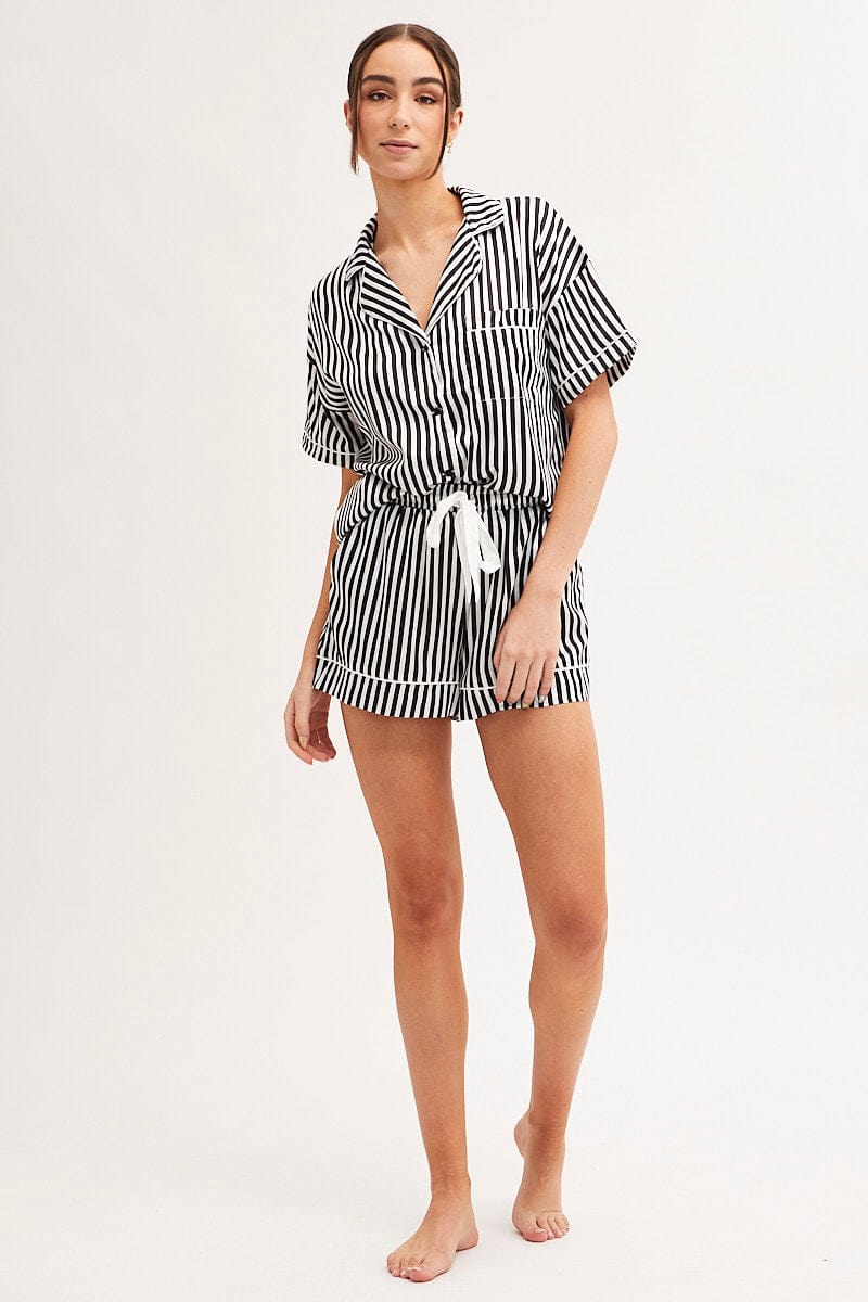 BLACK Pyjamas Set Short Sleeve Collared Shorts Satin - Image 3