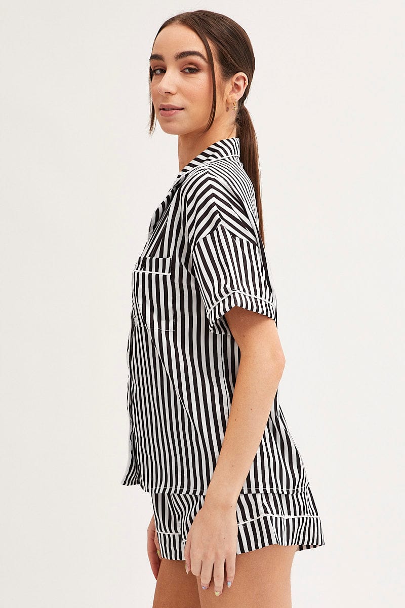 BLACK Pyjamas Set Short Sleeve Collared Shorts Satin - Image 4