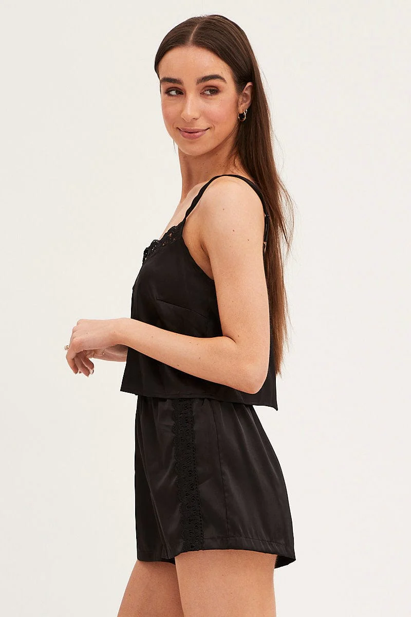 Black Pyjamas Set Sleeveless Cami Shorts Satin - Image 4