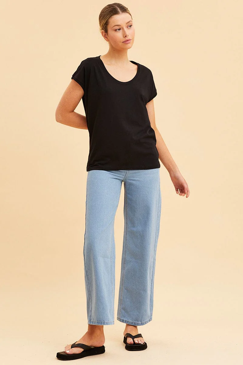 Black Relaxed T-Shirt Scoop Neck Drop Shoulder - Image 2