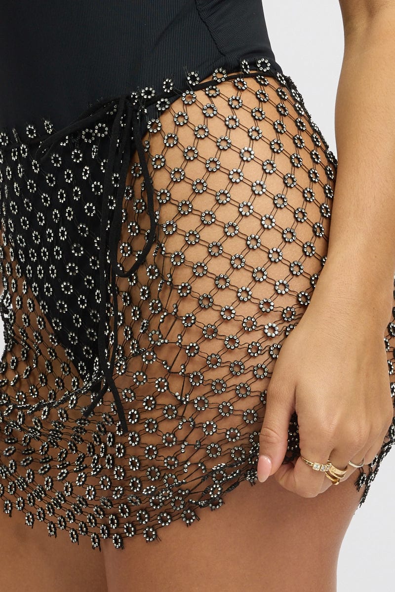 Black Rhinestone Fishnet Festival Mini Skirt - Image 3