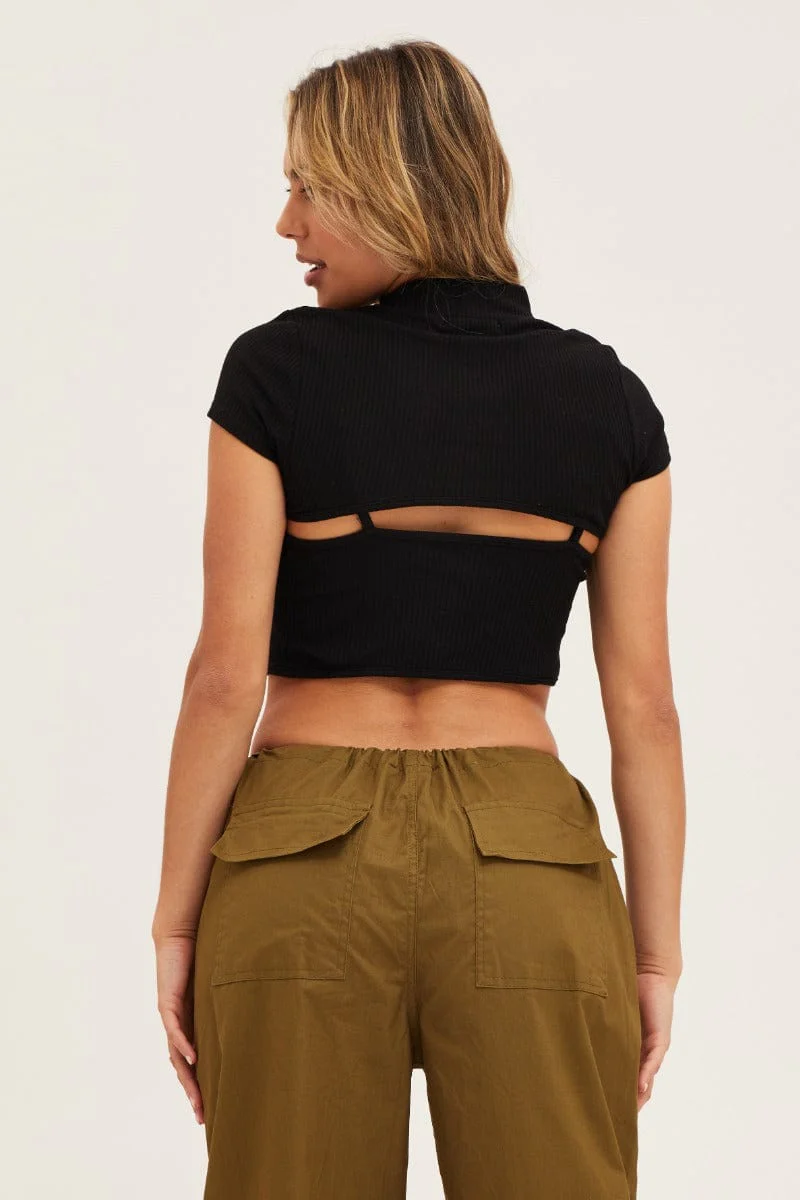 Black Rib Jersey Short Sleeve Cut Out Top - Image 5