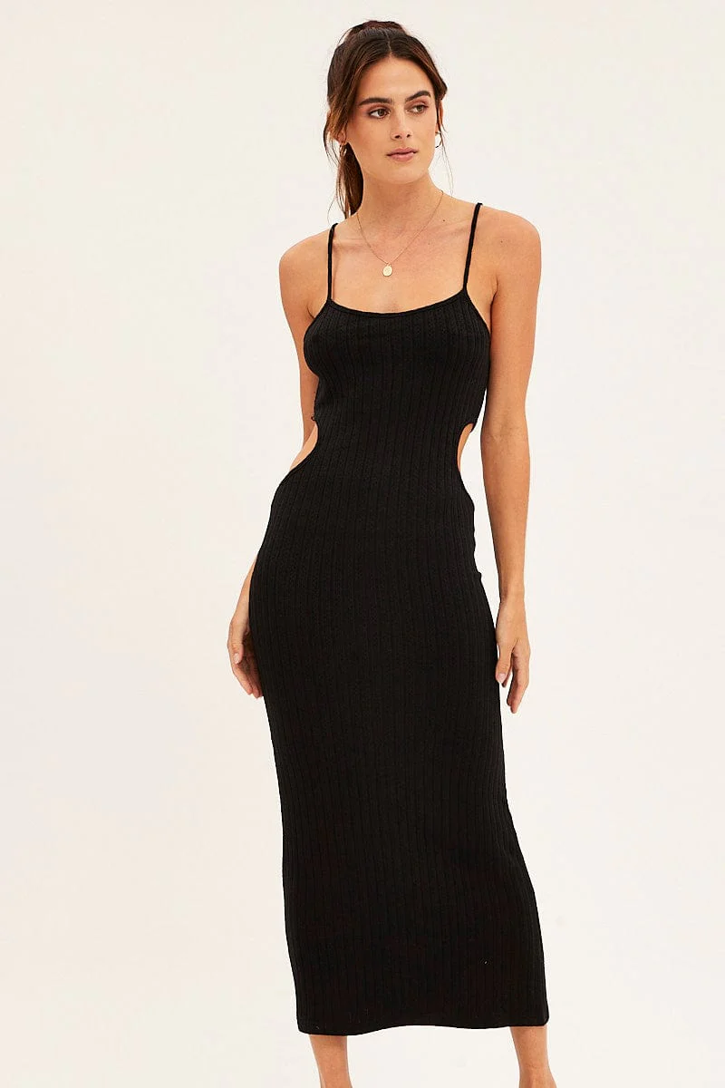 Black Ribbed Midi Dress Cutout - Image 2