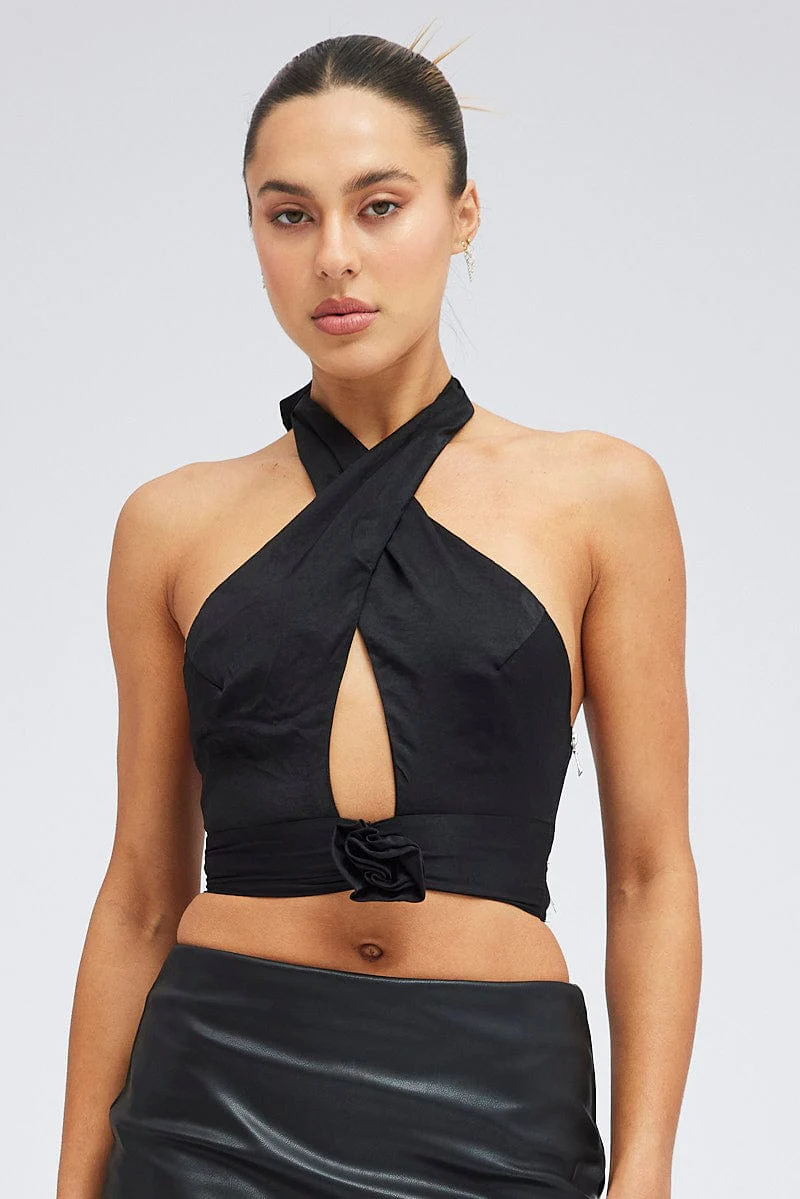 Black Rose Halter Top Keyhole Plunge Rosette - Image 3
