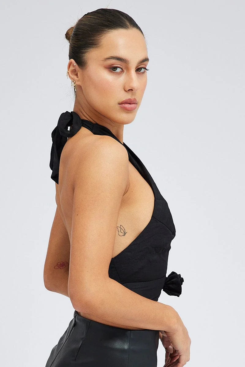 Black Rose Halter Top Keyhole Plunge Rosette - Image 4