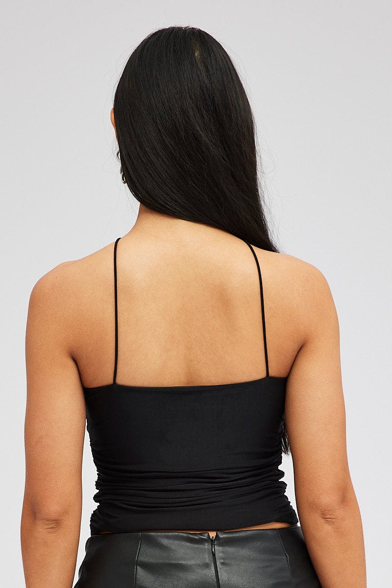 Black Rose Top Halter Neck Crossover Rosette Stretch - Image 5