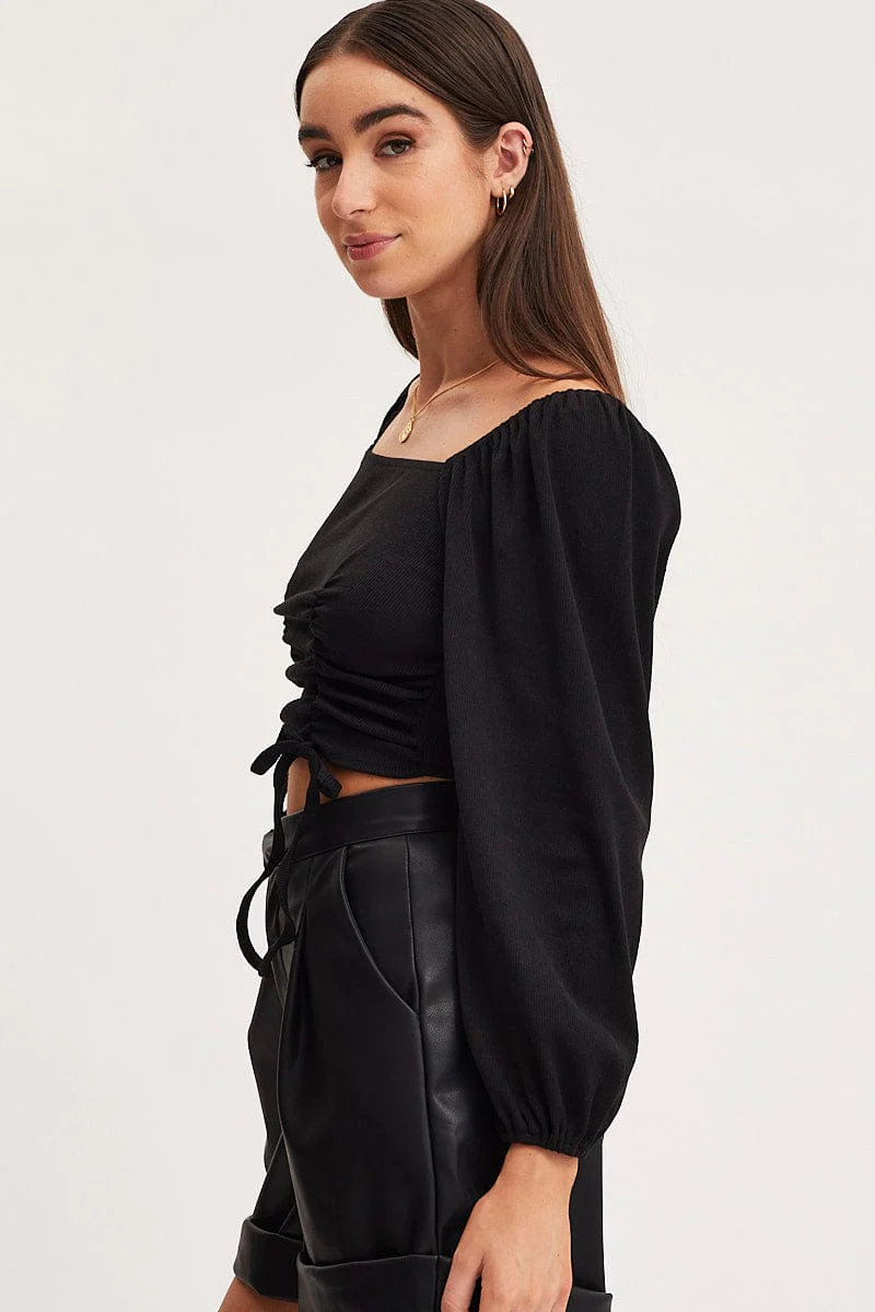 Black Ruched Crop Top Long Sleeve - Image 4
