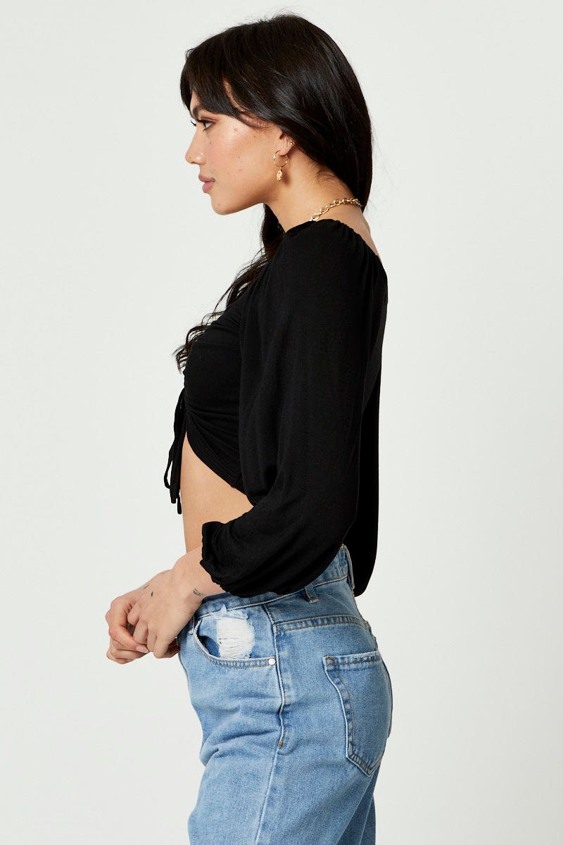 Black Ruched Long Sleeve Top - Image 3