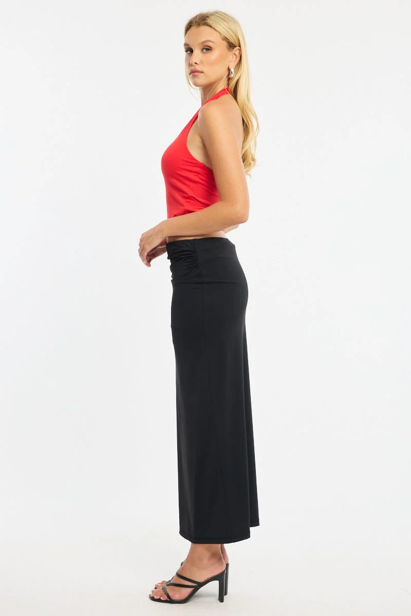Black Ruched Maxi Skirt Elastic Waist - Image 3