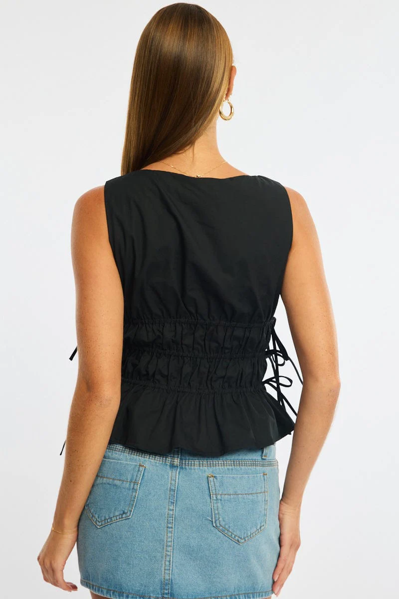 Black Ruched Top Sleeveless Boat Neck Bow Details - Image 4