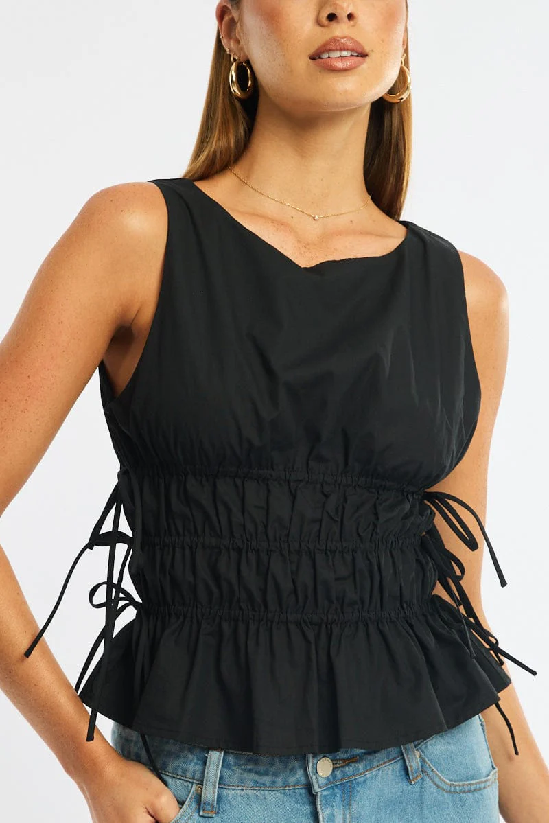Black Ruched Top Sleeveless Boat Neck Bow Details - Image 5