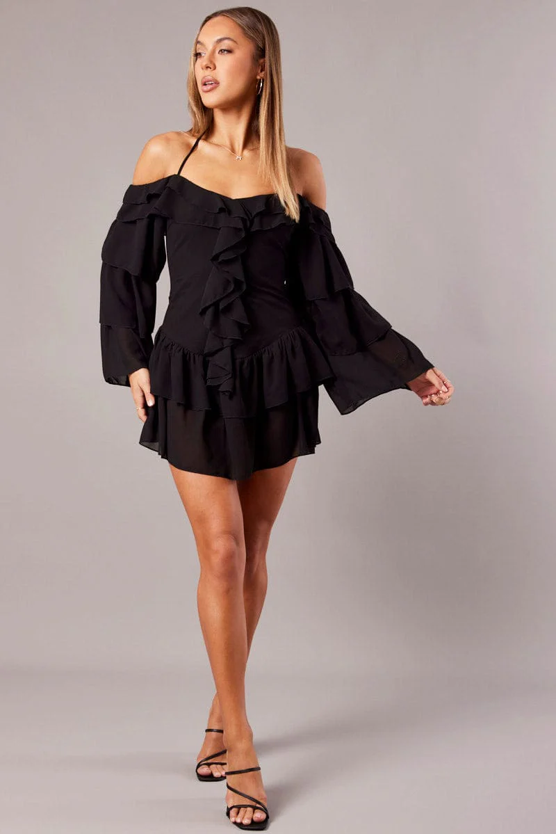 Black Ruffle Dress Bardot Layered Frill Sleeve Dress - Image 2