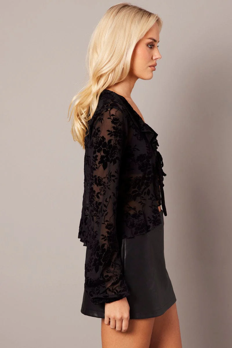 Black Ruffle Top Long Sleeve Burnout - Image 4