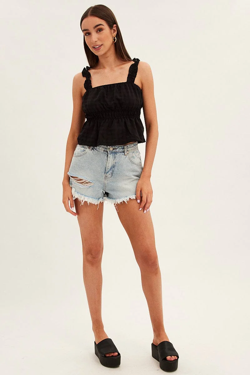 Black Ruffle Top Strap Gathered Waist Crop - Image 2