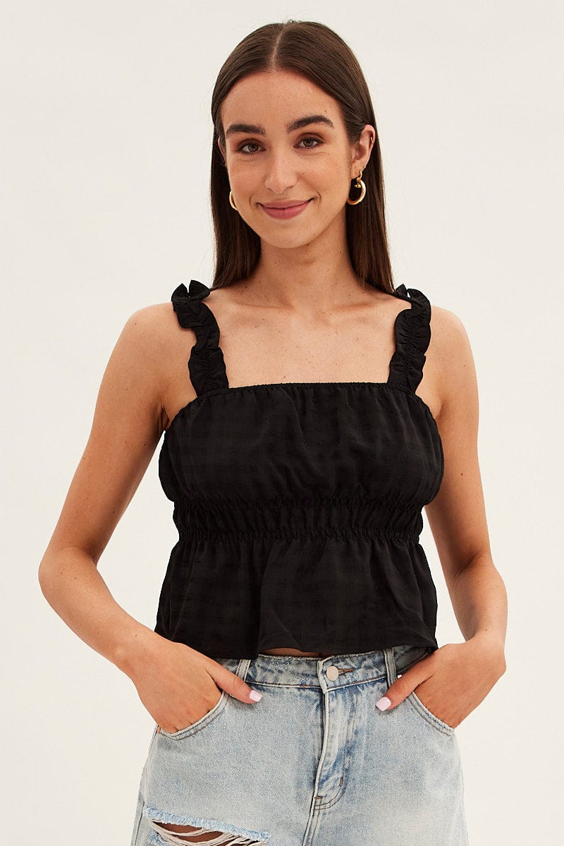 Black Ruffle Top Strap Gathered Waist Crop - Image 3
