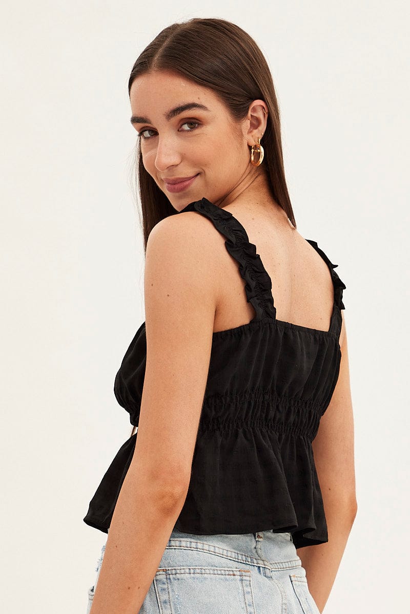 Black Ruffle Top Strap Gathered Waist Crop - Image 5