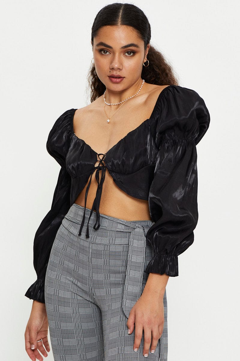 Black Satin Gathered Sleeve Top - Image 3