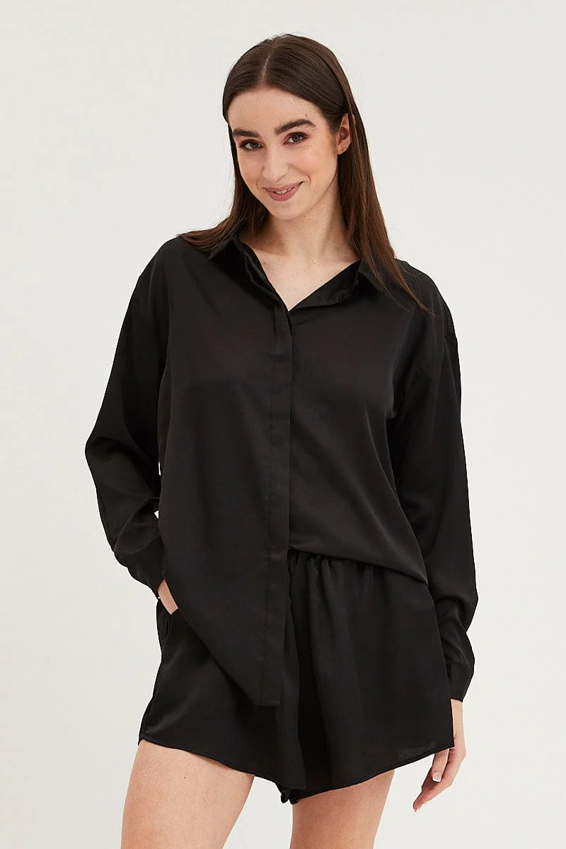 Black Satin Pajamas Set Long Sleeve - Image 2