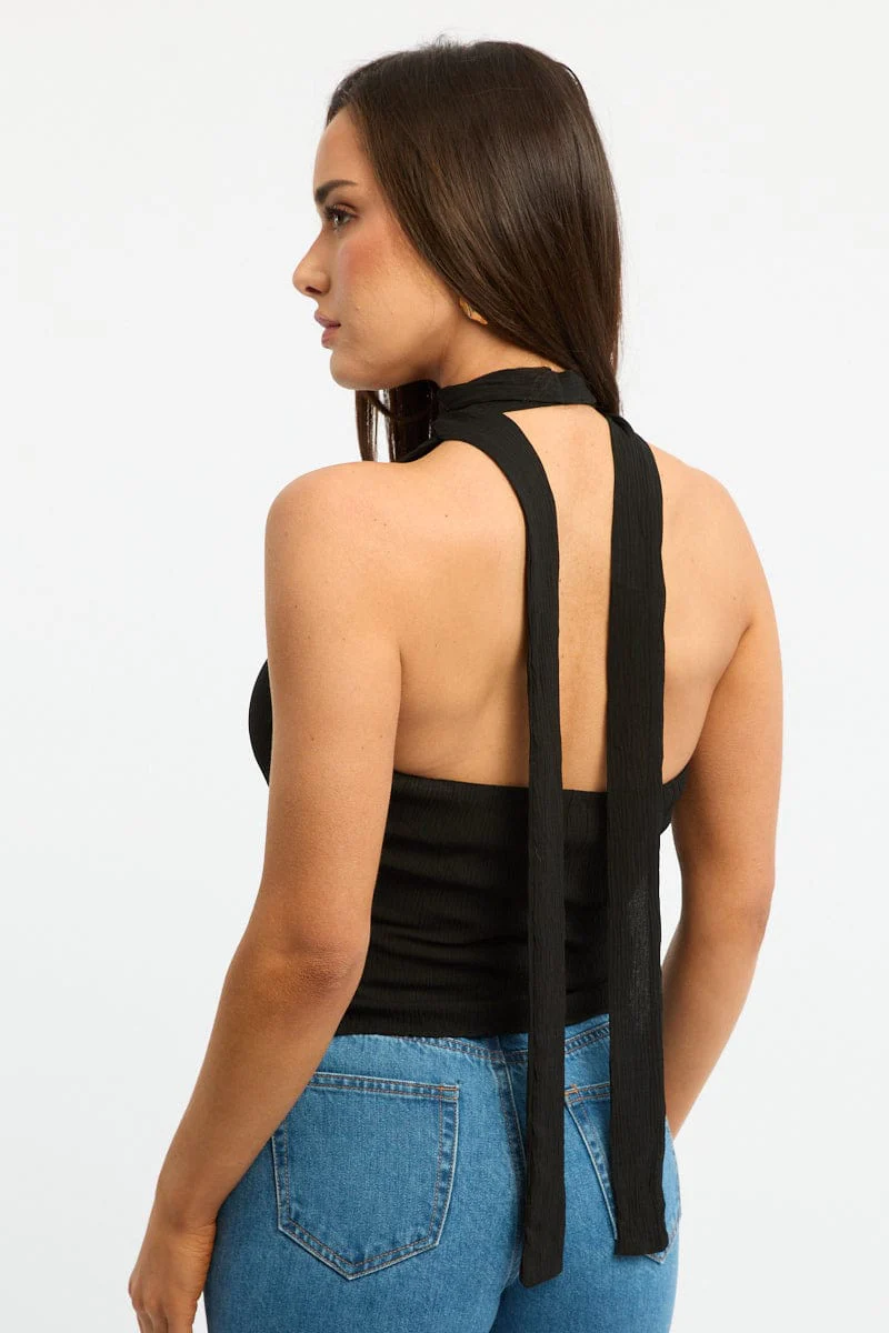 Black Scarf Top Sleeveless Halter Plisse Vest Detail - Image 4