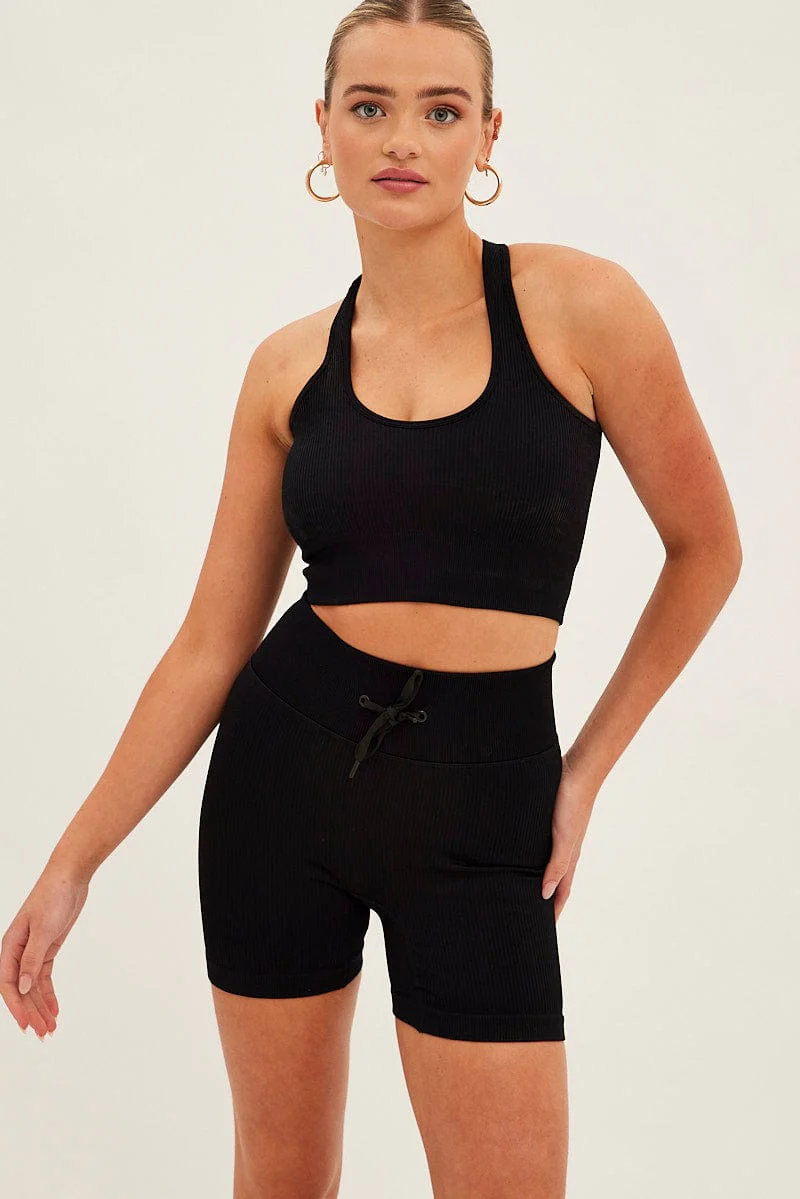 Black Seamless Halter Top And Bike Shorts Activewear Set - Image 3