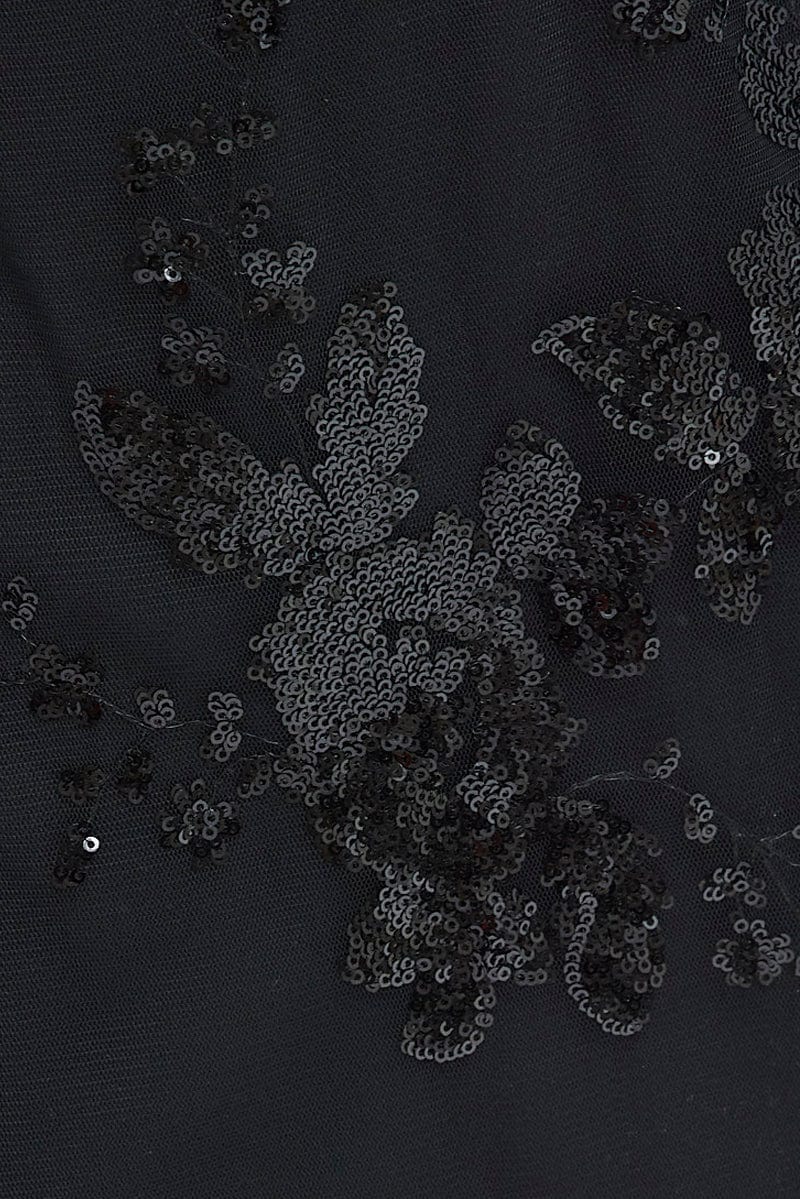 Black Sequin Dress Embellished Floral Mesh Bell Sleeve - Image 6