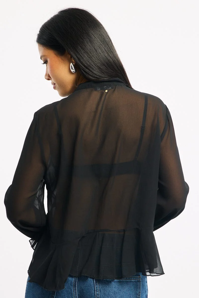 Black Sheer Blouse Tie Neck Long Sleeve Ruffles - Image 4