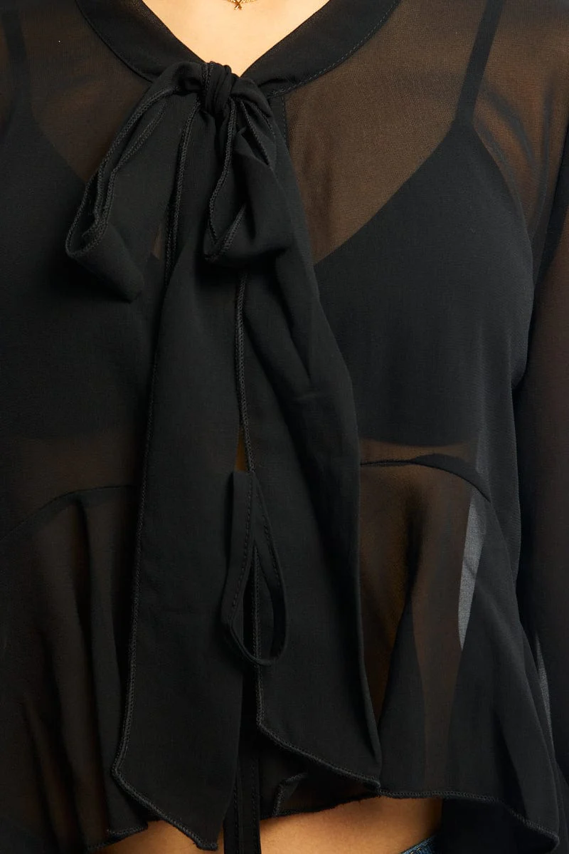 Black Sheer Blouse Tie Neck Long Sleeve Ruffles - Image 5