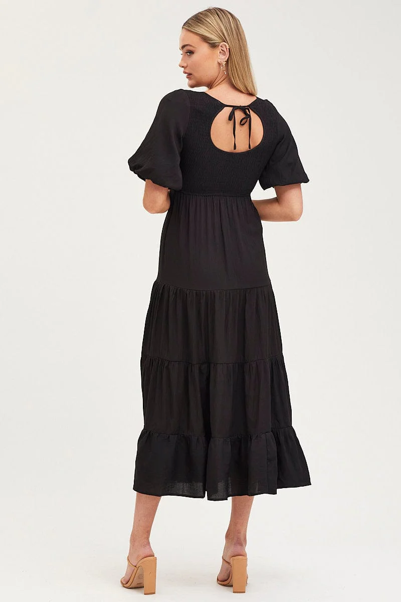 Black Shirred Dress Short Sleeve Maxi - Image 5