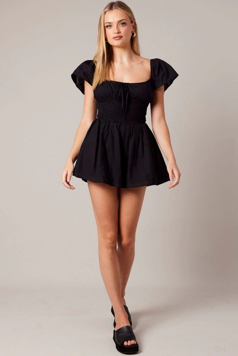 Black Shirred Playsuit Short Sleeve - Image 2