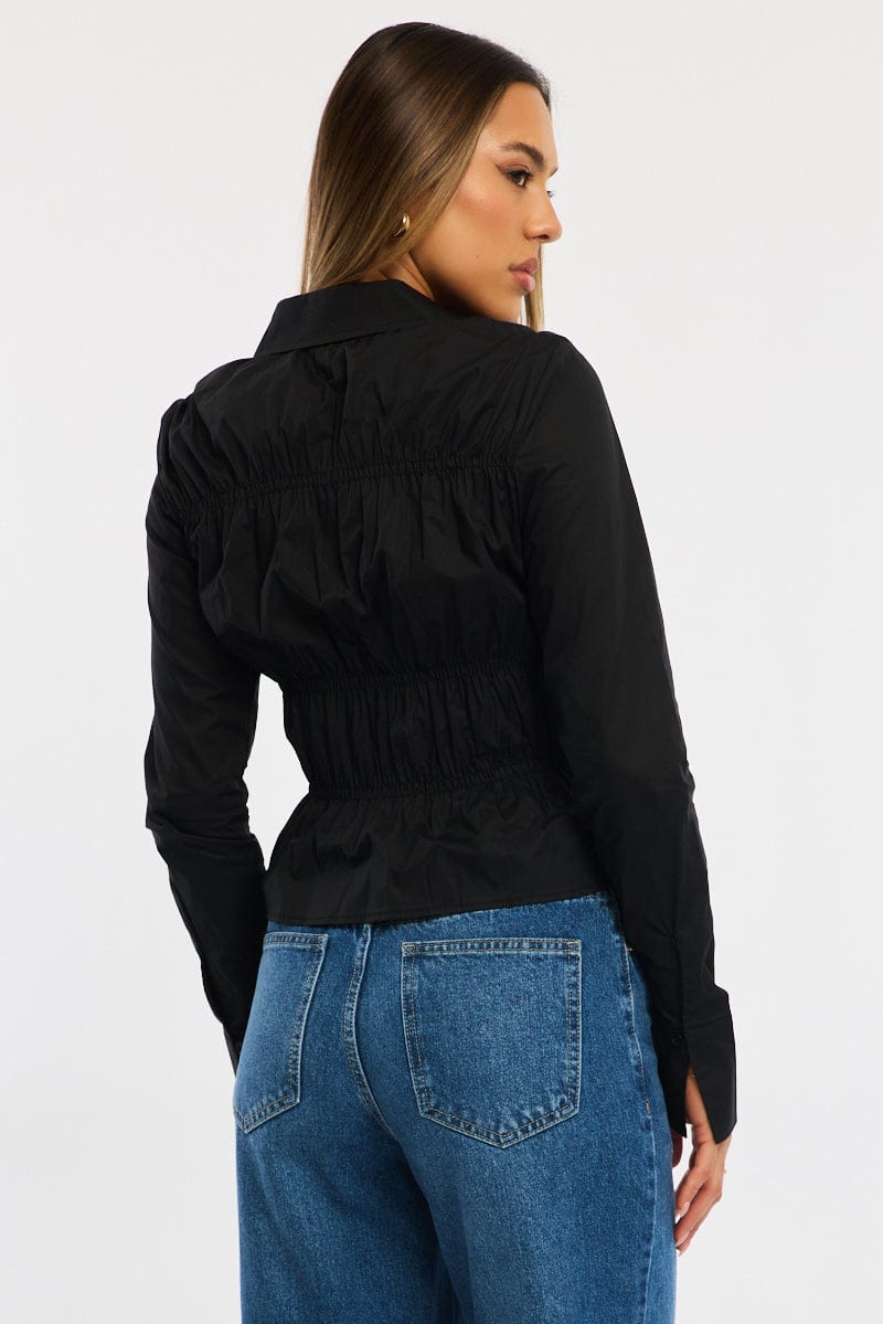 Black Shirred Shirt Long Collared Sleeve Button Up - Image 4