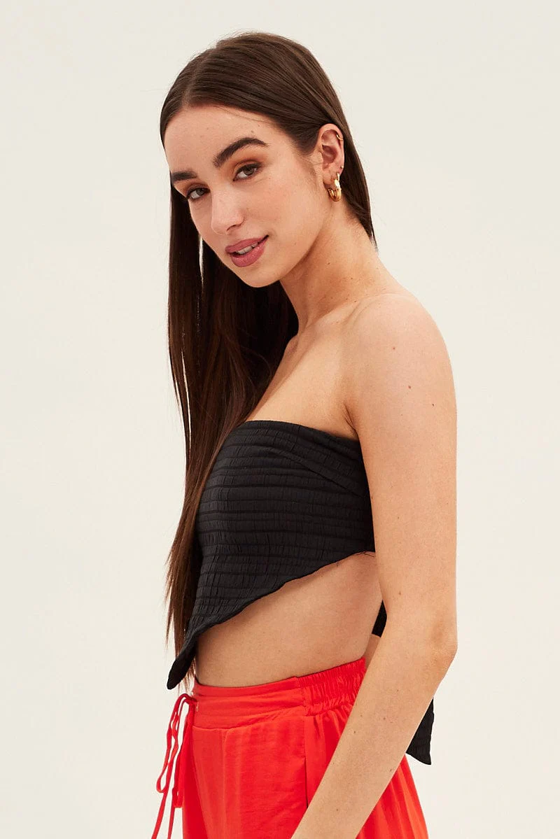 Black Shirred Strapless Tie Back Bandana Hem Top - Image 4