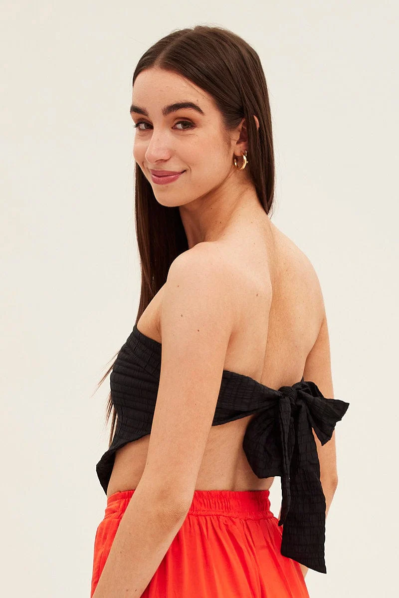 Black Shirred Strapless Tie Back Bandana Hem Top - Image 5