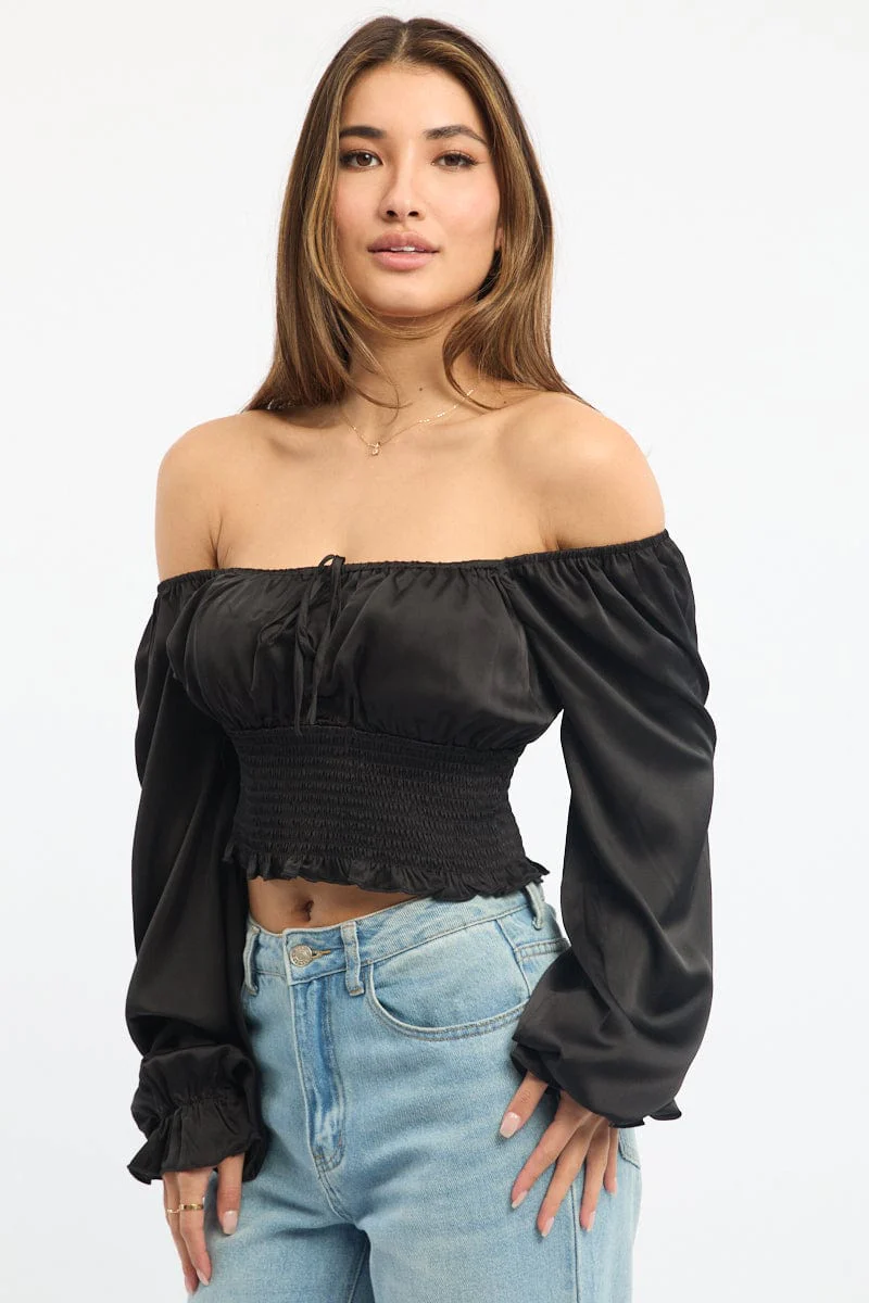 Black Shirred Top Long Sleeve Square Neck Satin - Image 3