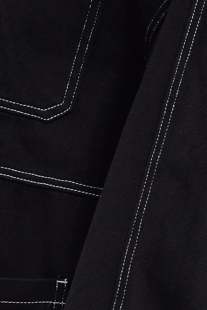 Black Shirt Long Sleeves Collared Contrast Stitch Denim - Image 6