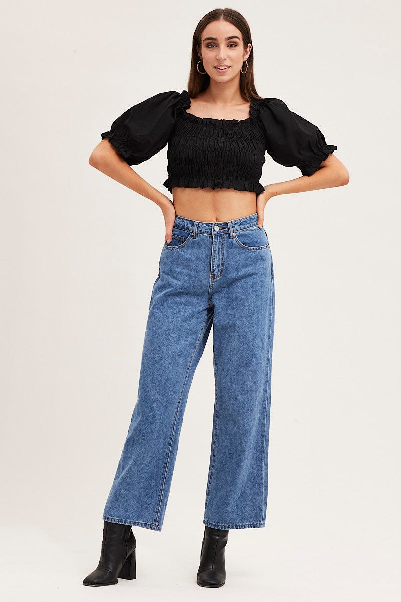 Black Short Sleeve Frilled Edge Shirred Crop Top - Image 2